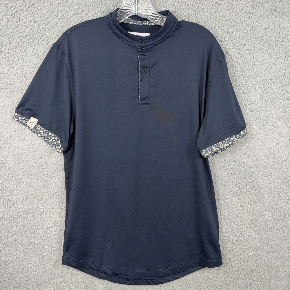 MANTRA The Performance Polo Mens Medium Navy Blue Floral Trim Golf Shirt Stretch
